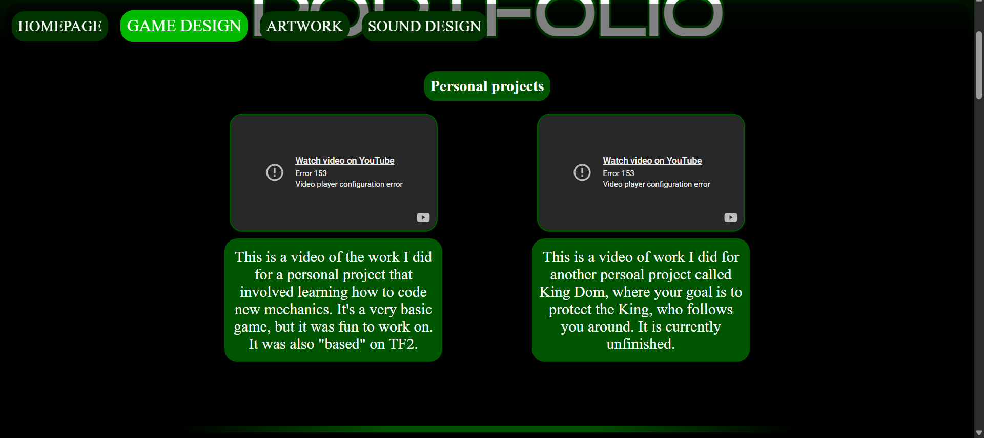 Old game design page view for this website.